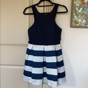 NAVY AND WHITE STRIPED DRESS WITH STRUCTURED SKIRT